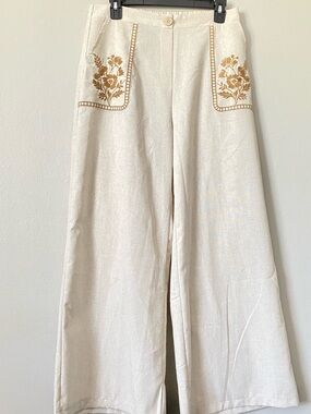 NWT Embroidered Tailored Floral Ladder Stitch Cream Linen-Blend Pants Size M
